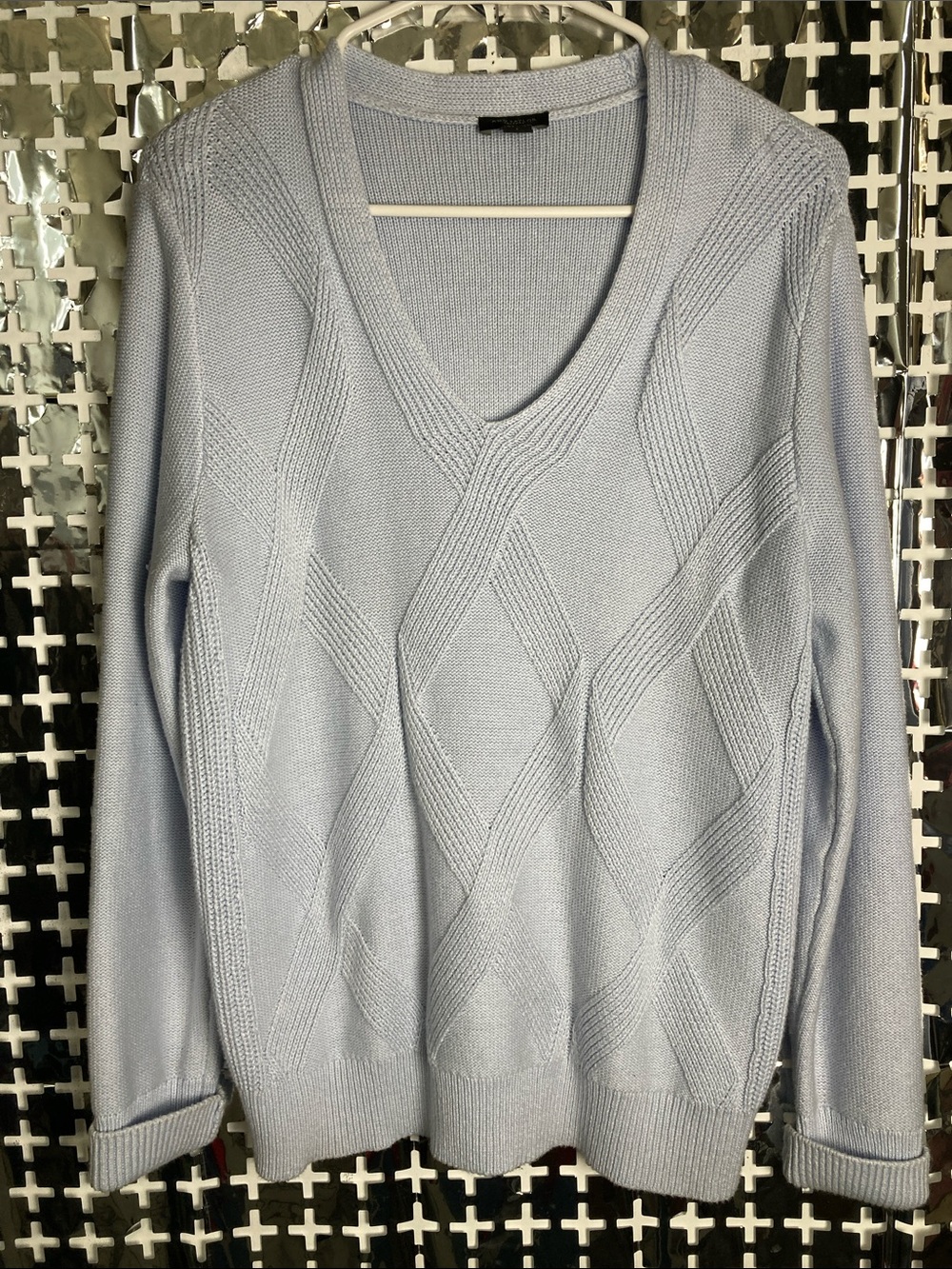 Ann Taylor Light Blue V-Neck Diamond Cable Knit Sweater